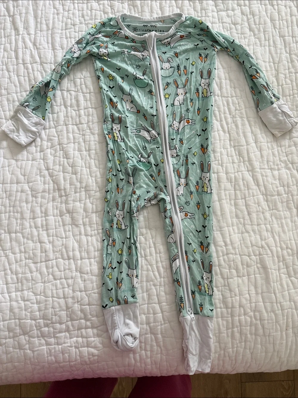Baby One-Piece Footed Pajamas in Mint with Bunny Print little sleepies